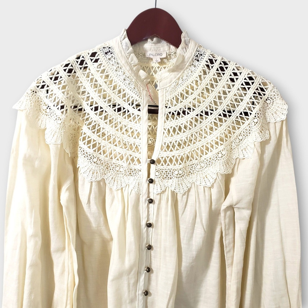 NWT Pilcro Anthropologie Ivory Lace Yoke Peasant Blouse OB2353185 Small - Picture 2 of 12